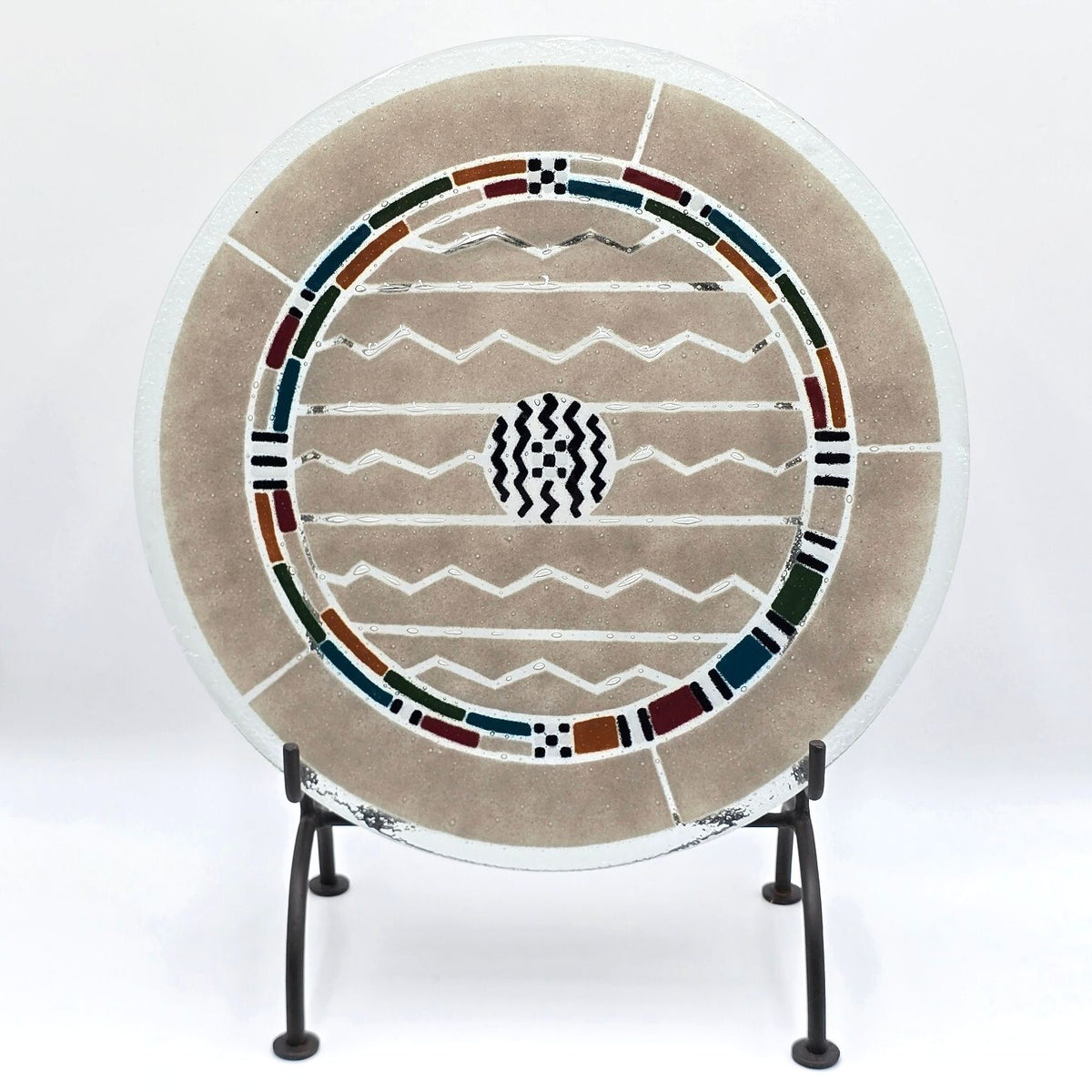 Vintage Ann Mallory Signed Fused Glass Platter 16 Inch Southwest Design w Stand