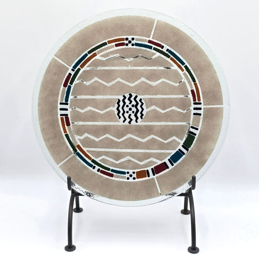 Vintage Ann Mallory Signed Fused Glass Platter 16 Inch Southwest Design w Stand
