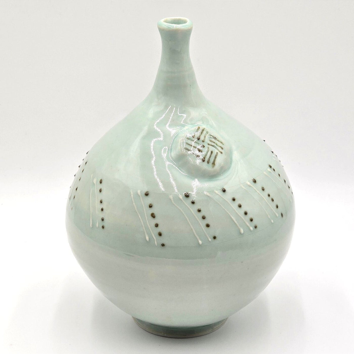 Celadon Green Studio Pottery Bottle Vase 10.5 Inch Raised Dot Decoration