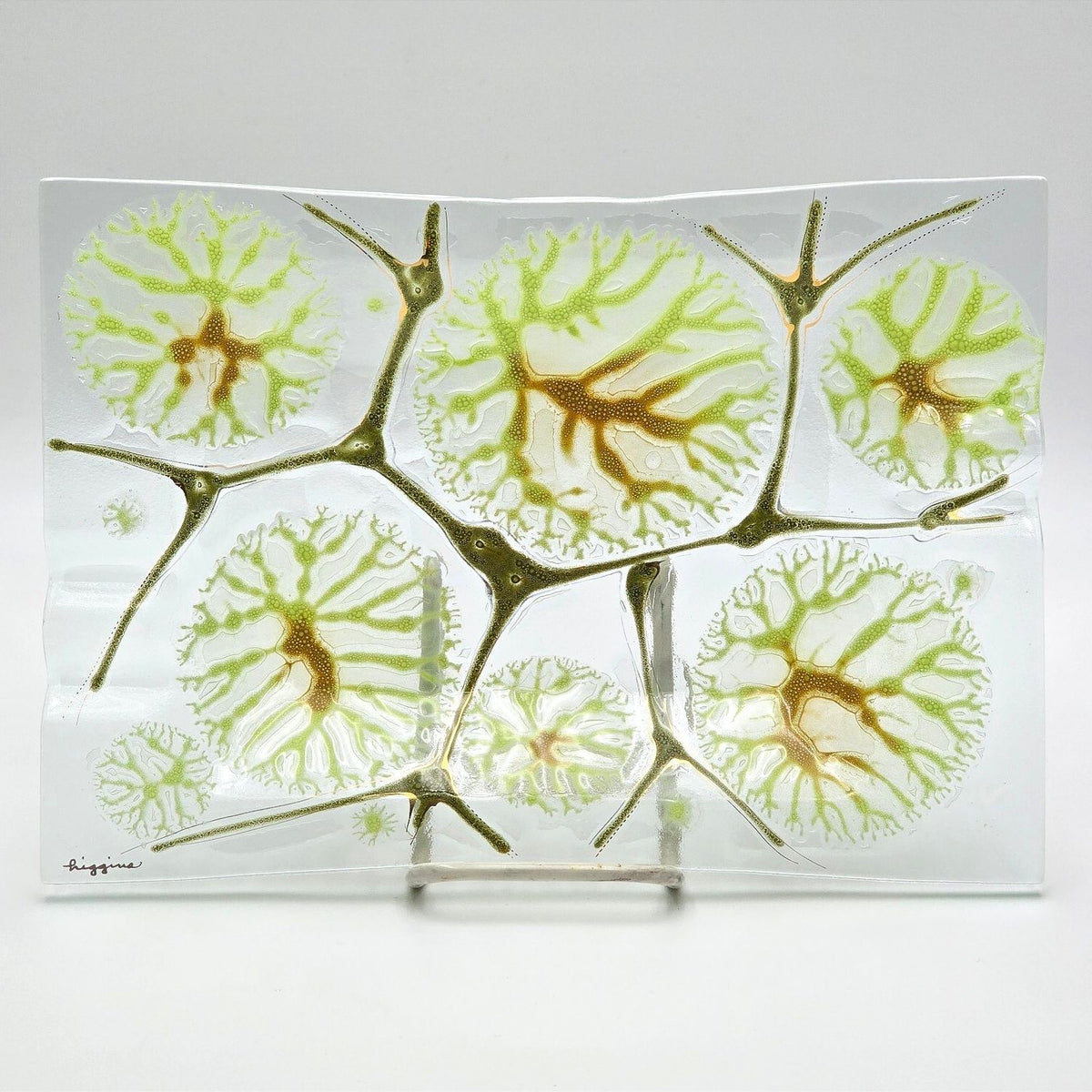 Vintage Higgins Fused Art Glass Tray Green Abstract MCM Signed 10" x 7"