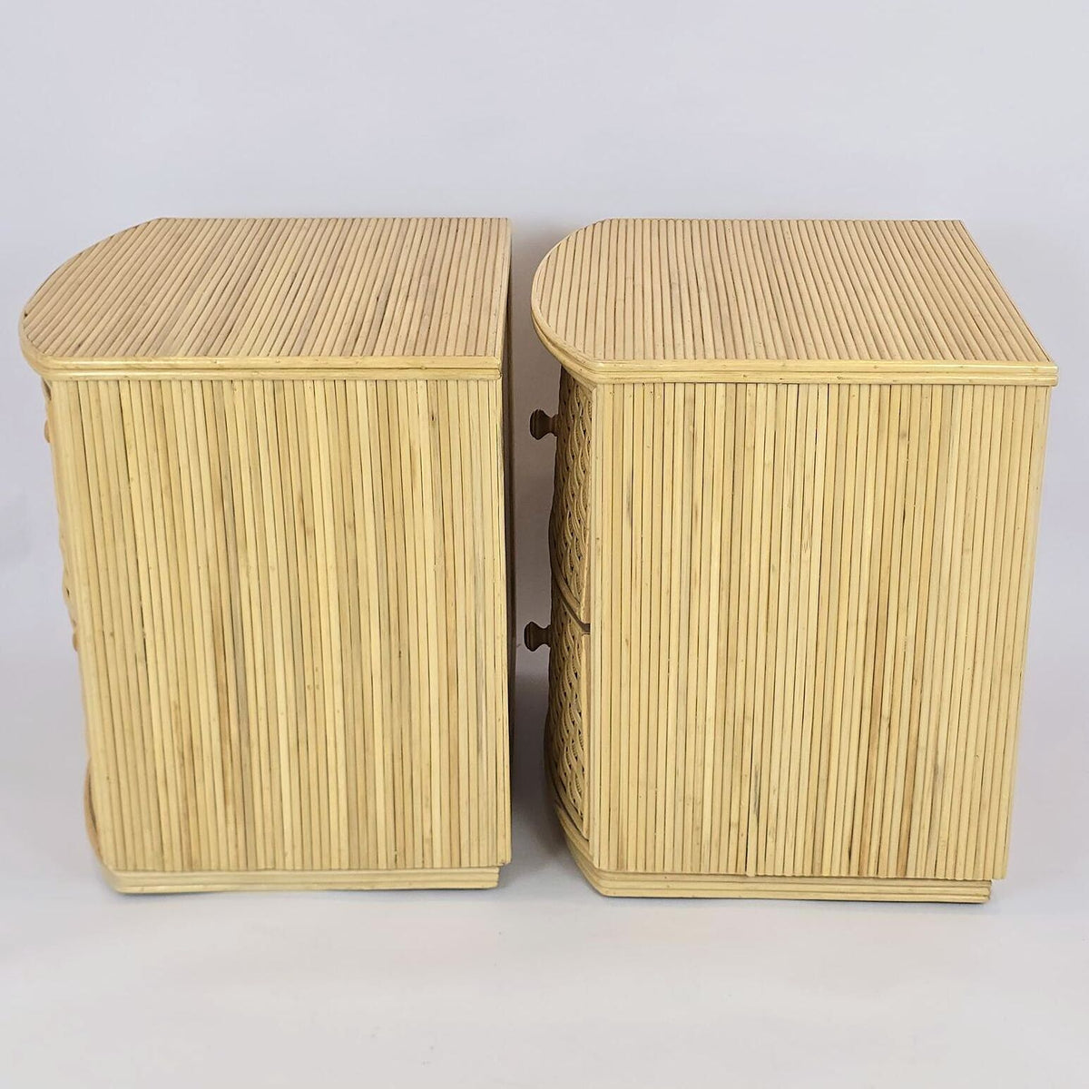 Pair of Woven Rattan Cane Nightstands 2 Drawer Coastal Boho Bedside Tables