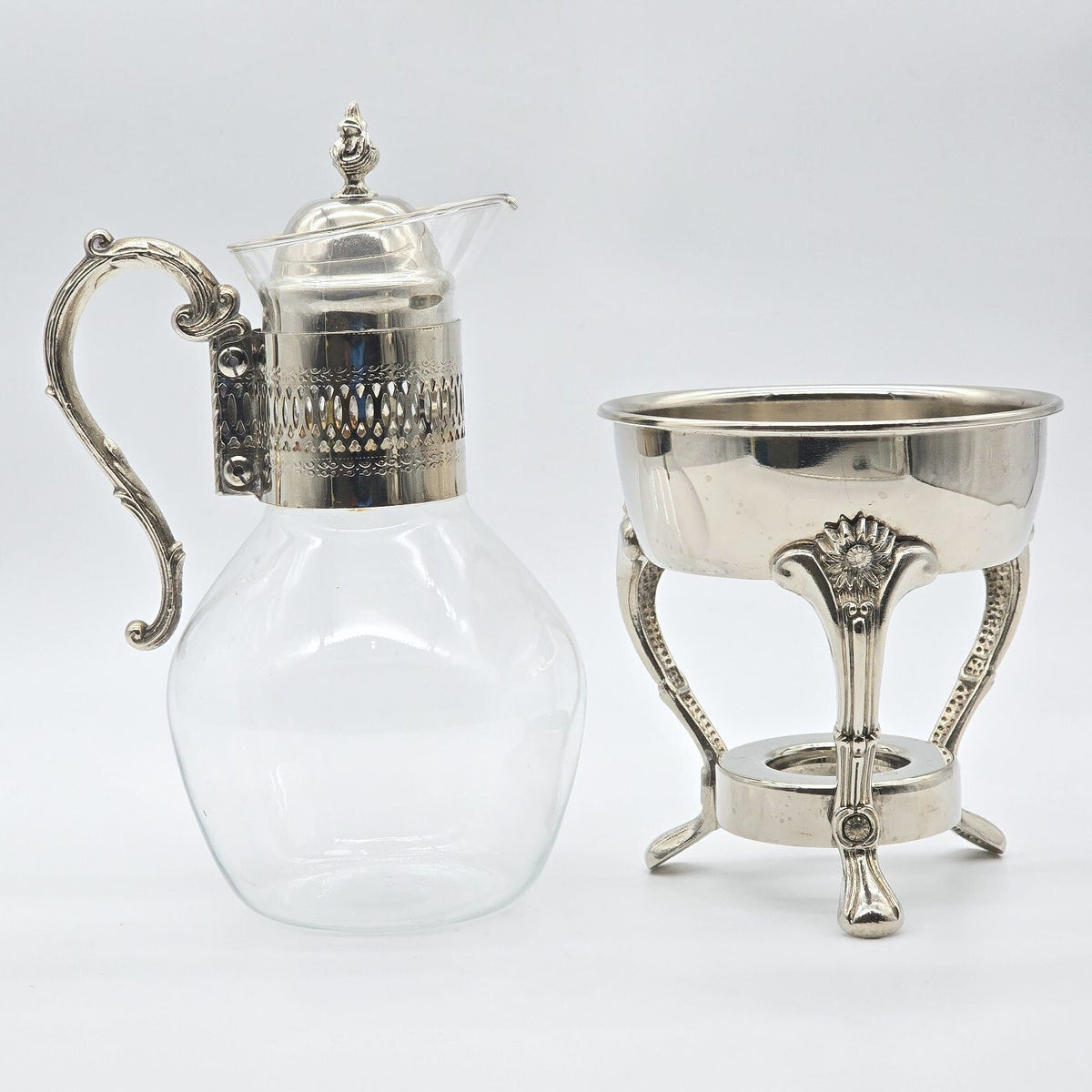 Vintage Silverplate Glass Coffee Tea Carafe Warming Stand Ornate 13.5"