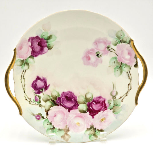 Antique T&V Limoges Hand Painted Rose Cake Plate Gold Handles Signed 11"