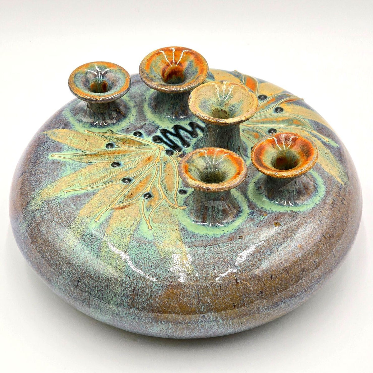 Signed Vintage Studio Pottery Five Neck Flower Arranger Vase Art Pottery