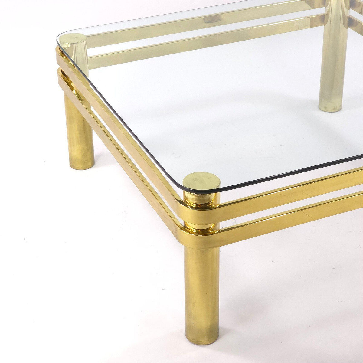 Vintage Hollywood Regency Brass Glass Coffee Table Square Double Rail 38 Inch