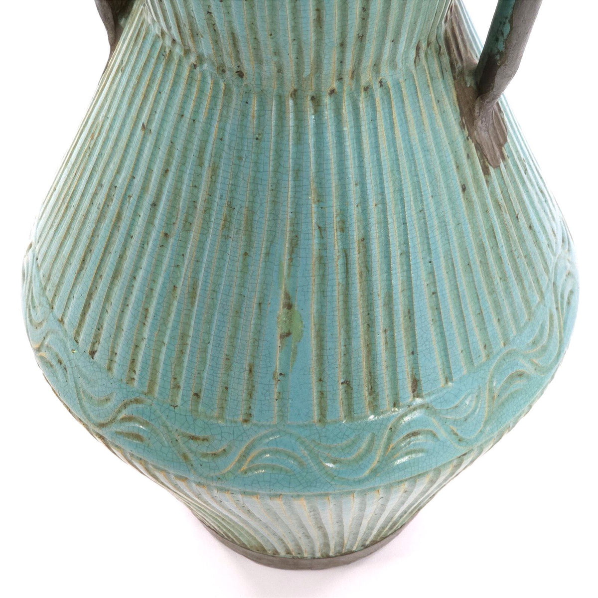 Pair Large Moroccan Turquoise Crackle Glaze Lidded Ceramic Urns 31in