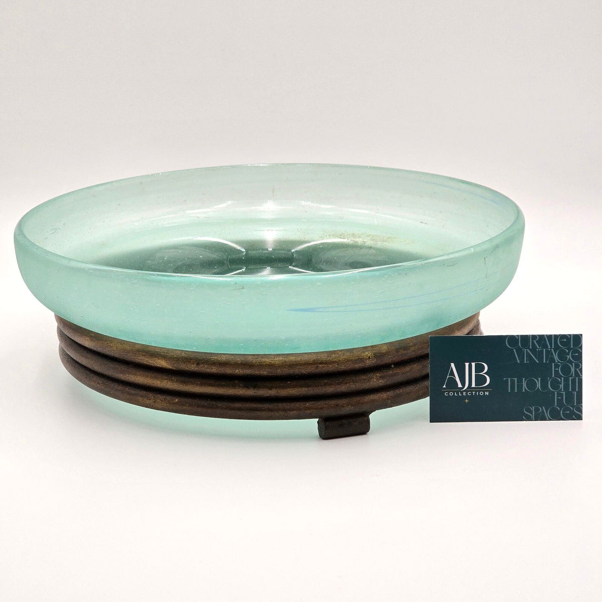 Large Aqua Art Glass Centerpiece Bowl with Wrought Iron Style Stand 12.75in