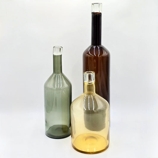 Roost Milan Colored Glass Decorative Bottle Vases Set of 3 Brown Green Amber
