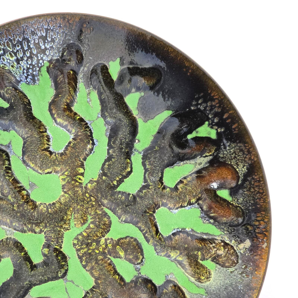 Vintage MCM Enamel on Copper Bowl Green Black Abstract Art 8.75 Inch
