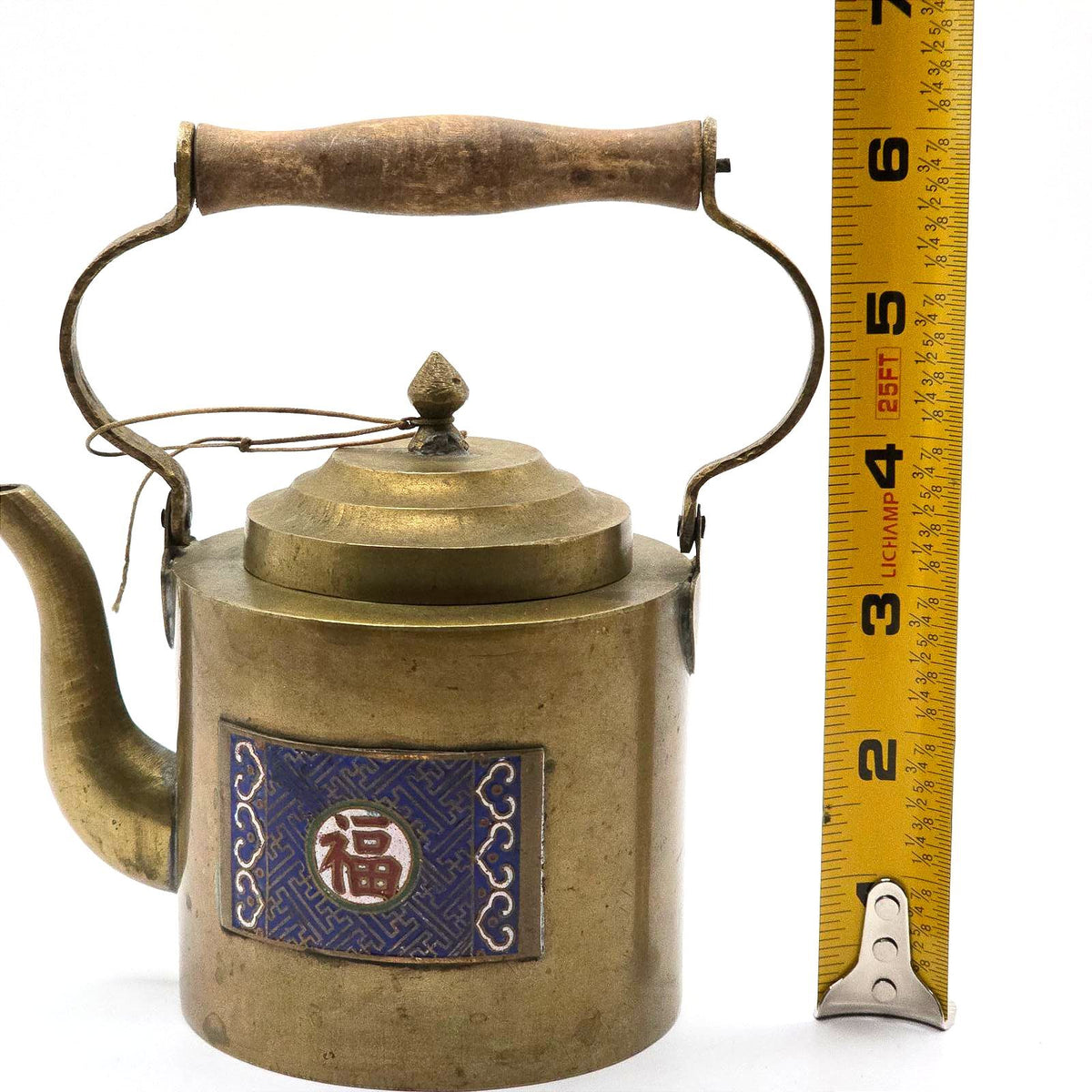 Vintage Chinese Brass Teapot Enamel Fu Good Fortune Wood Handle China