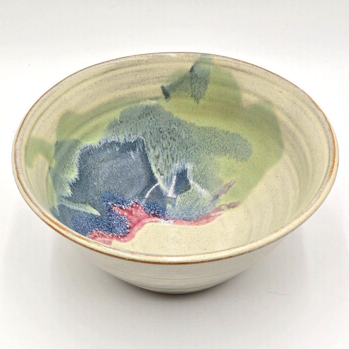 Signed Studio Pottery Bowl Blue Green Pink Drip Glaze Hand Thrown 9.25 Inch