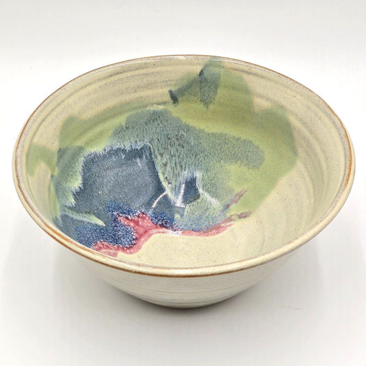 Signed Studio Pottery Bowl Blue Green Pink Drip Glaze Hand Thrown 9.25 Inch