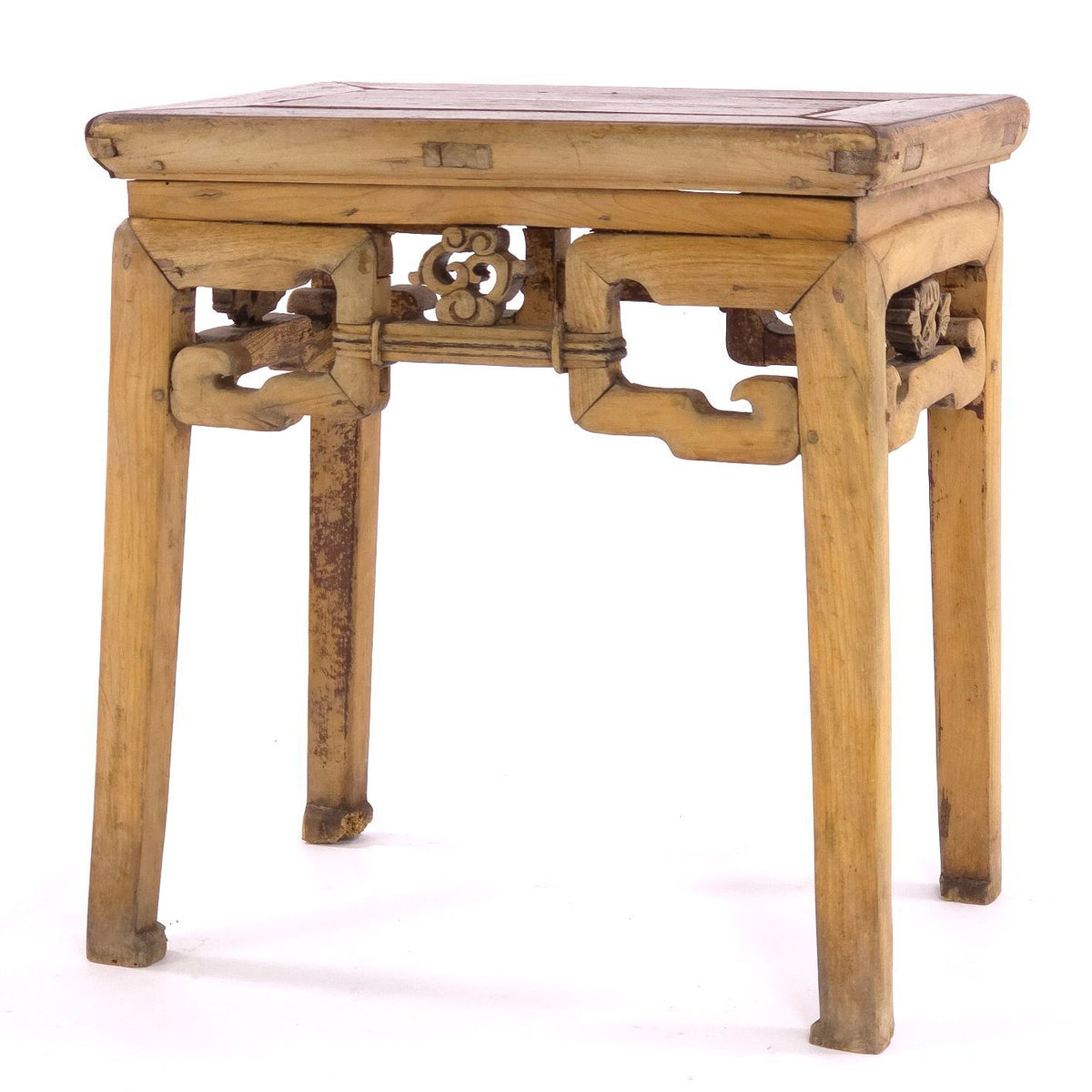 Antique Chinese Ming Style Elmwood Yumu Side Table Carved Scrollwork