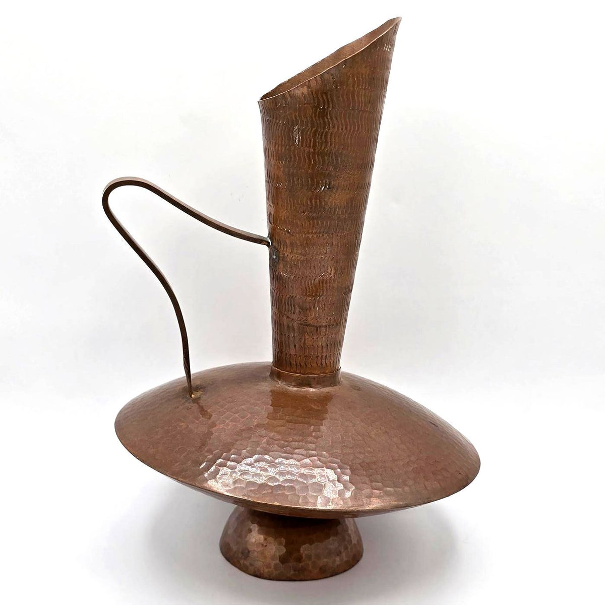 Vintage Hammered Copper Ewer Pitcher Sculptural Pedestal Vase 11in