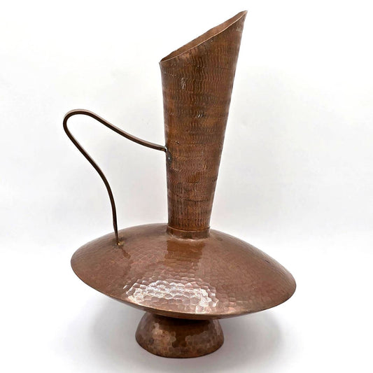 Vintage Hammered Copper Ewer Pitcher Sculptural Pedestal Vase 11in