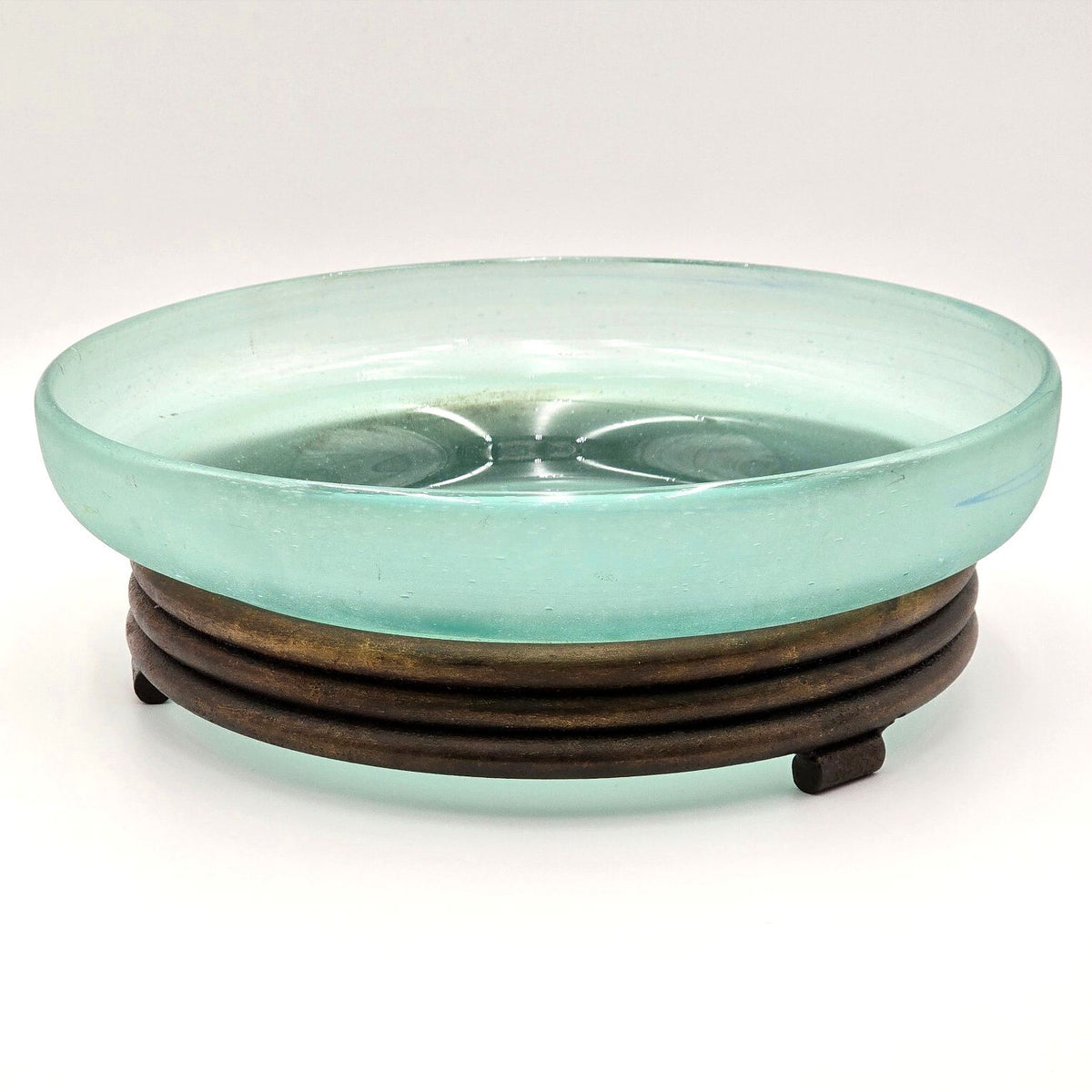 Large Aqua Art Glass Centerpiece Bowl with Wrought Iron Style Stand 12.75in