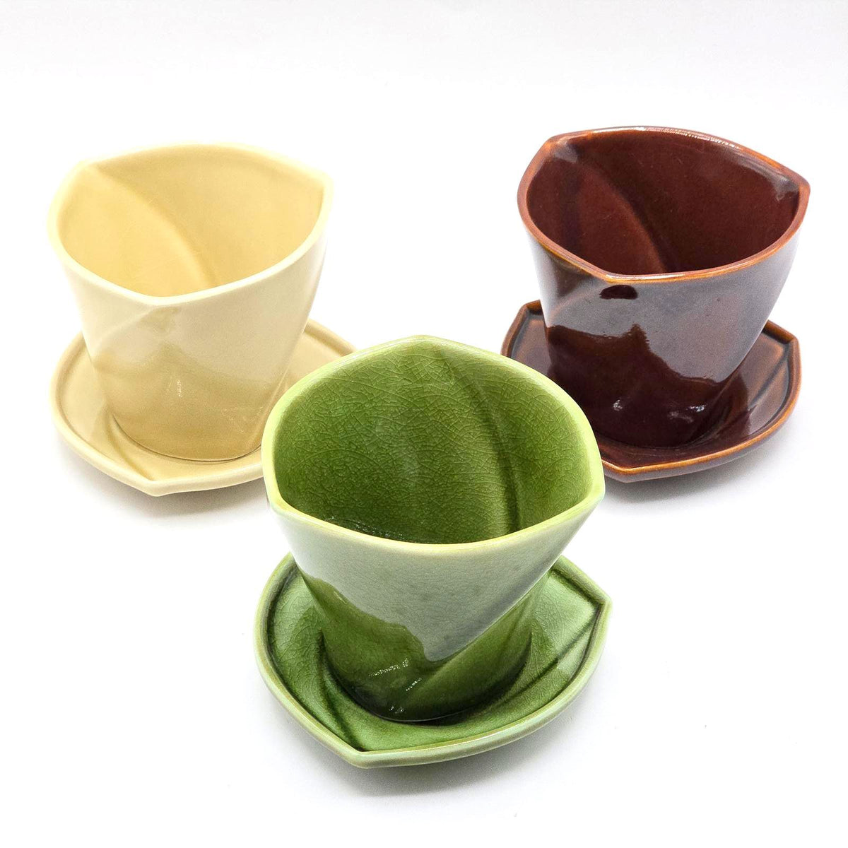 Vintage Japanese Tea Cups and Saucers Set of 3 MCM Geometric Pottery
