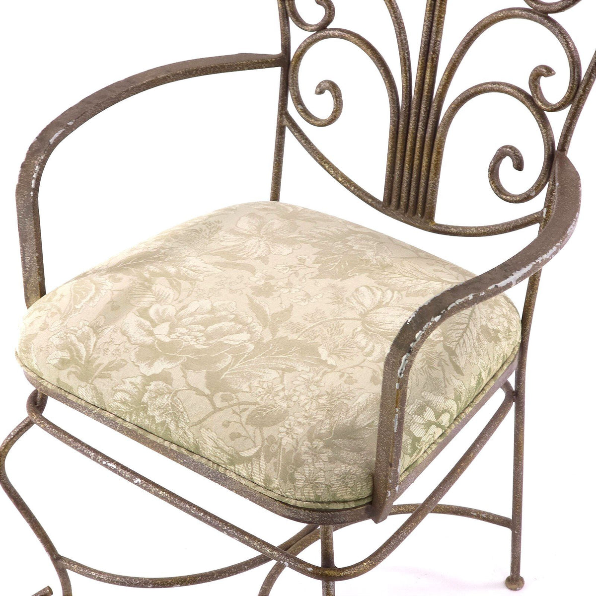 Vintage French Country Wrought Iron Scroll Armchairs Floral Seats Pair