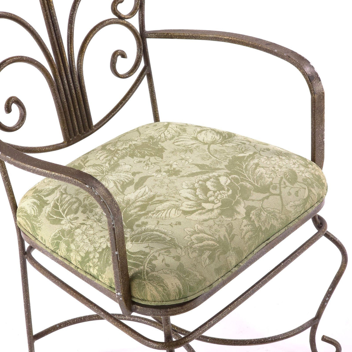 Vintage French Country Wrought Iron Scroll Armchairs Floral Seats Pair