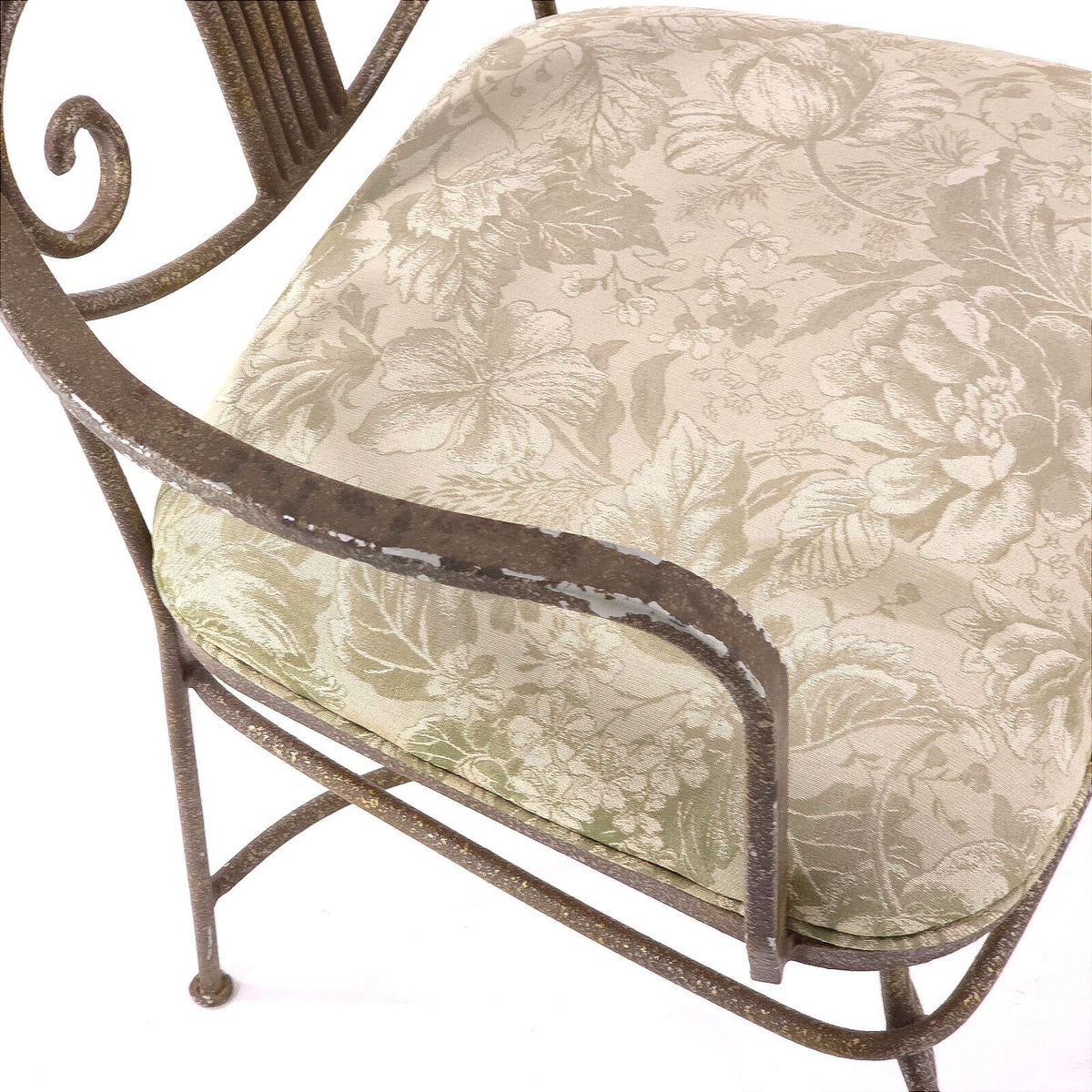 Vintage French Country Wrought Iron Scroll Armchairs Floral Seats Pair
