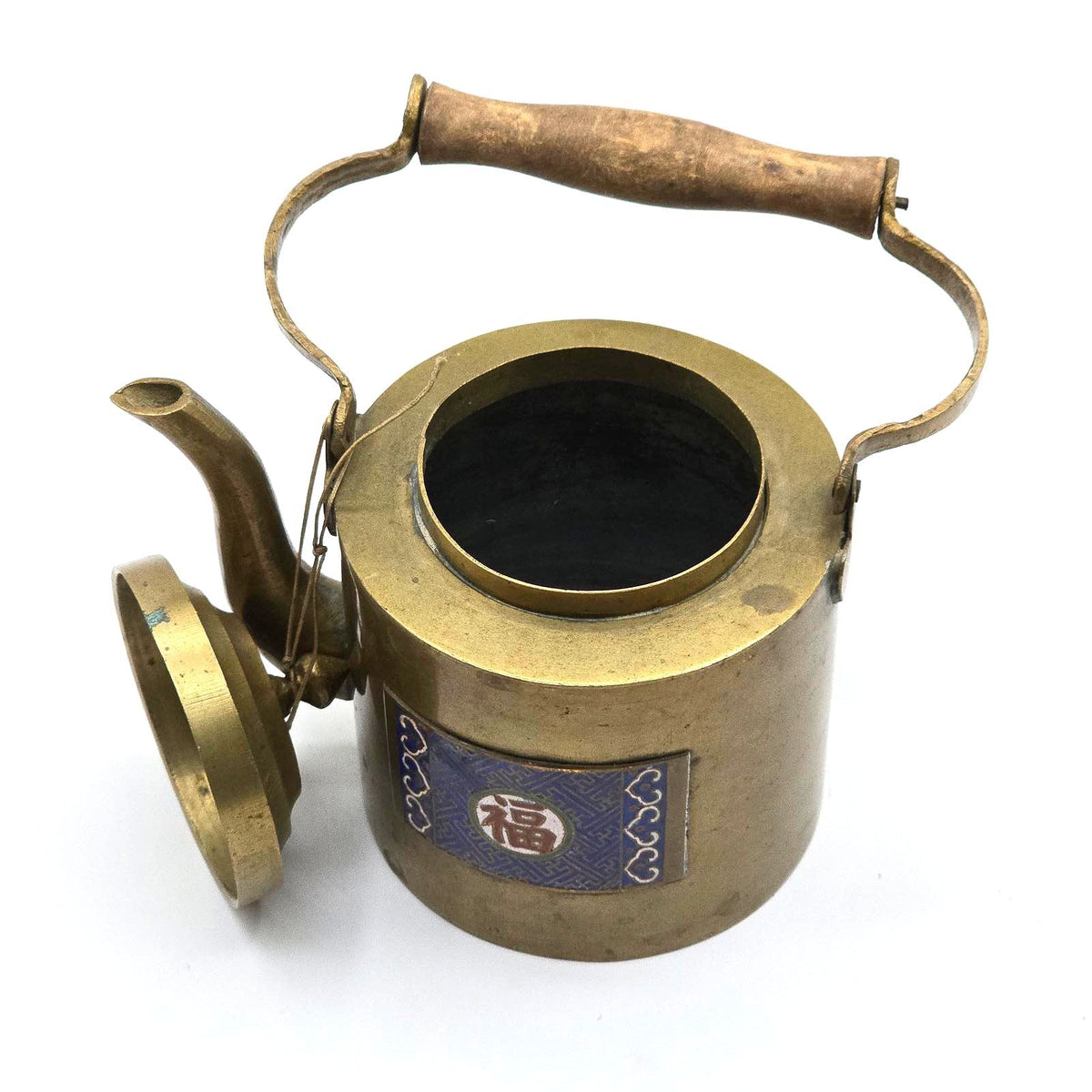 Vintage Chinese Brass Teapot Enamel Fu Good Fortune Wood Handle China