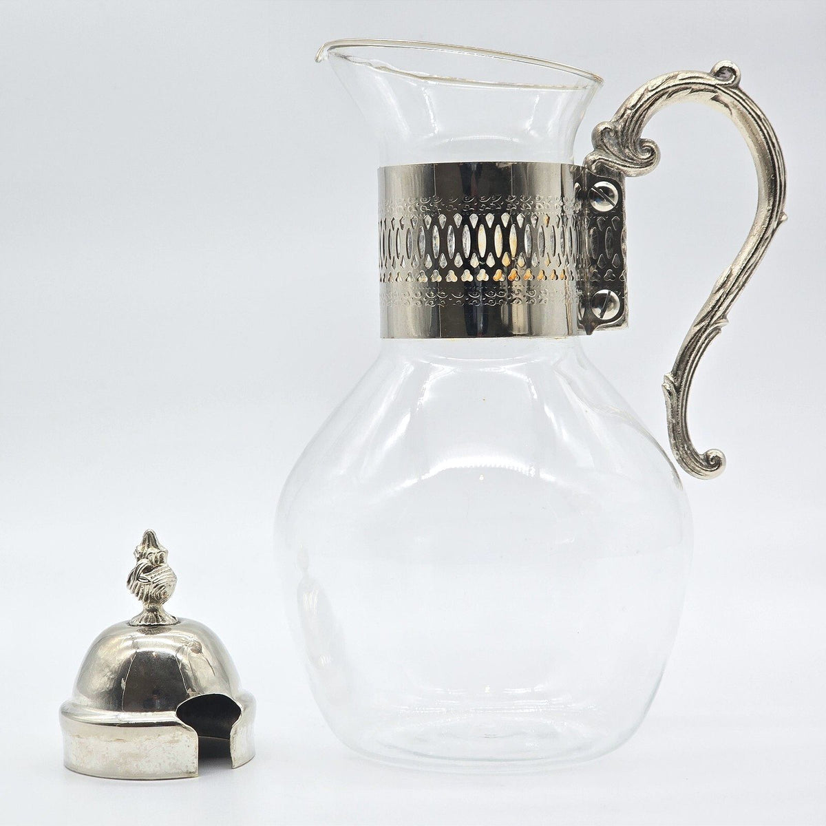 Vintage Silverplate Glass Coffee Tea Carafe Warming Stand Ornate 13.5"