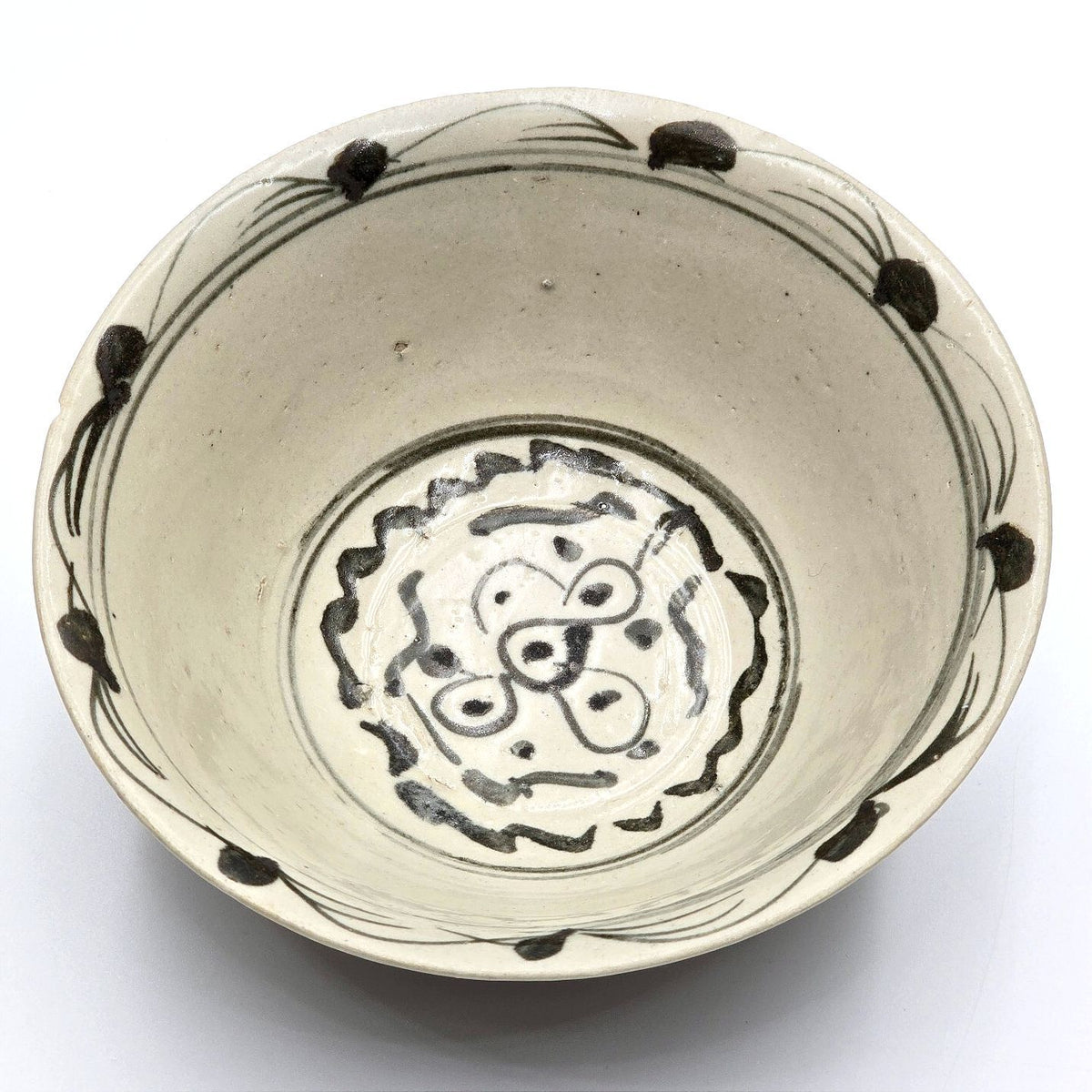 Asian Blue White Hand Painted Ceramic Rice Bowl Floral Scroll 6.25in