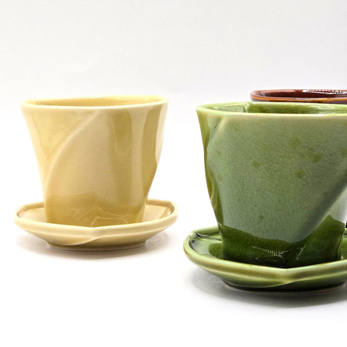 Vintage Japanese Tea Cups and Saucers Set of 3 MCM Geometric Pottery