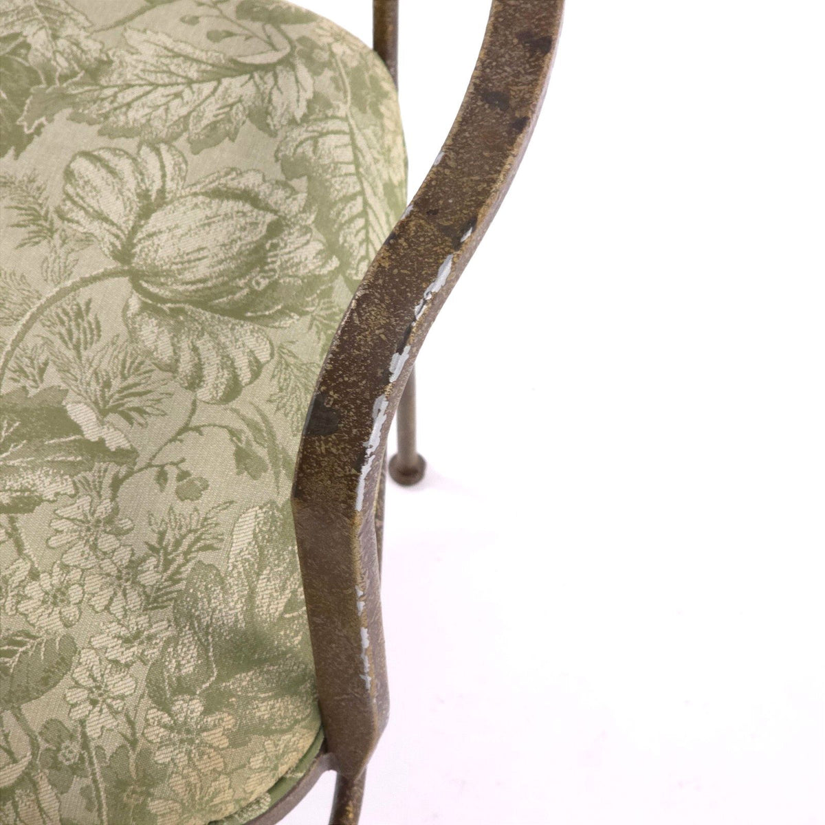 Vintage French Country Wrought Iron Scroll Armchairs Floral Seats Pair