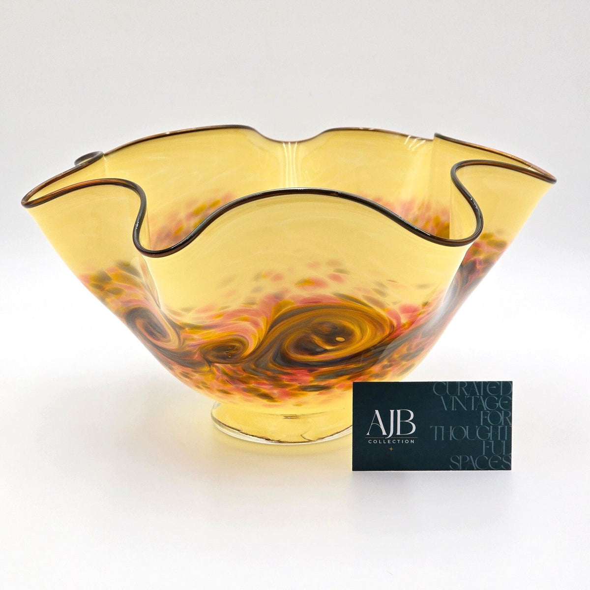 Signed Studio Art Glass Ruffled Bowl Multicolor Swirl Footed 12"