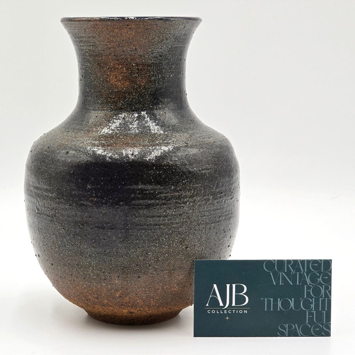 Signed Studio Pottery Stoneware Vase Rustic Black Brown Ceramic 8"