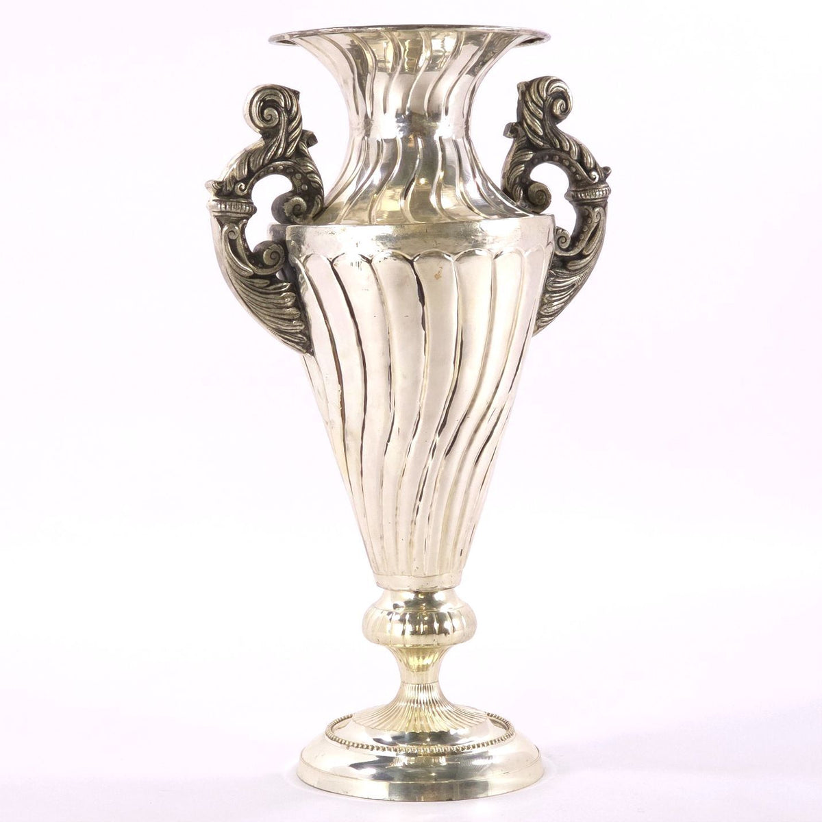 Large French Neoclassical Style Silver Tone Metal Urn Vase Ornate Handles 30.5in