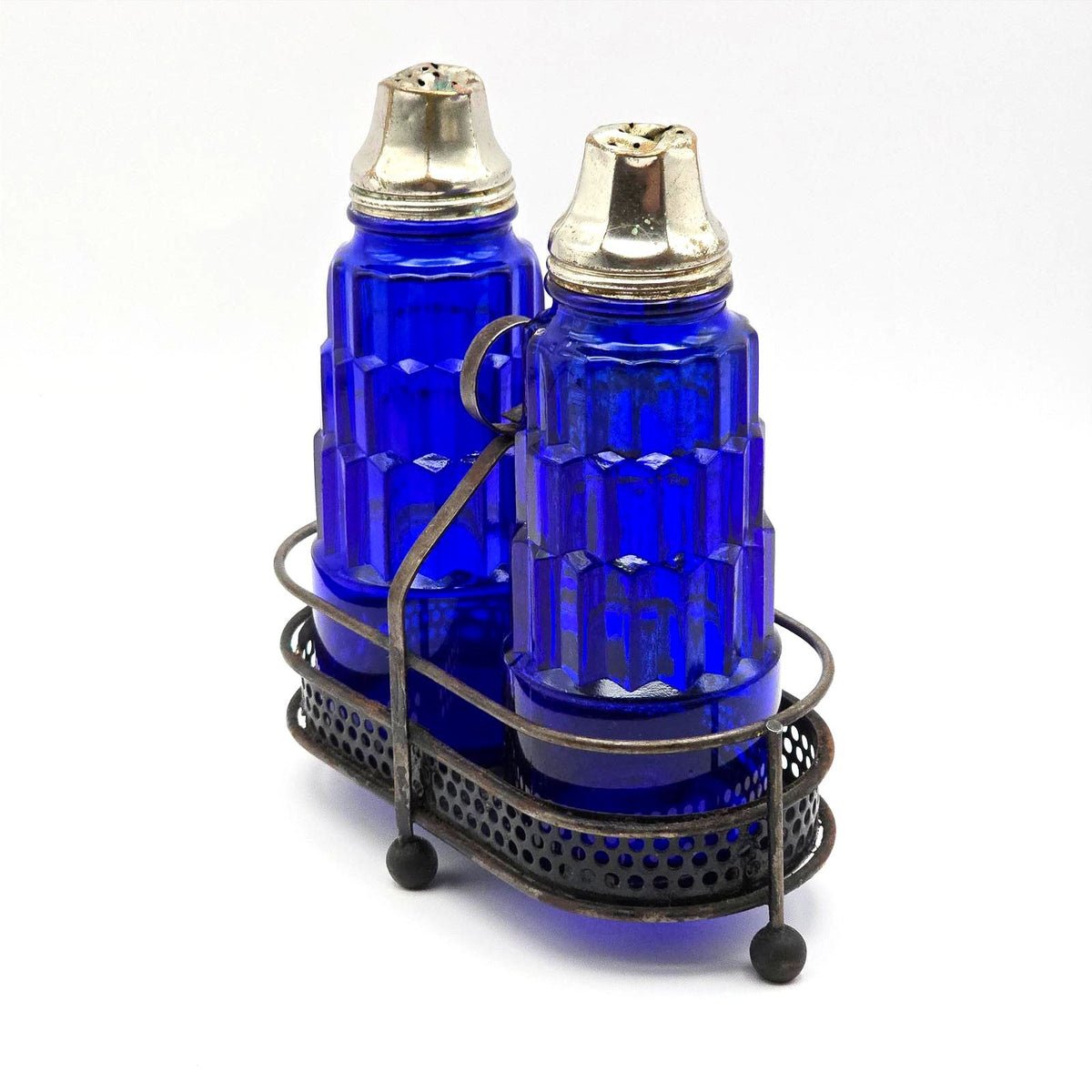 Vintage Hazel Atlas Cobalt Blue Glass Salt Pepper Shakers Metal Caddy