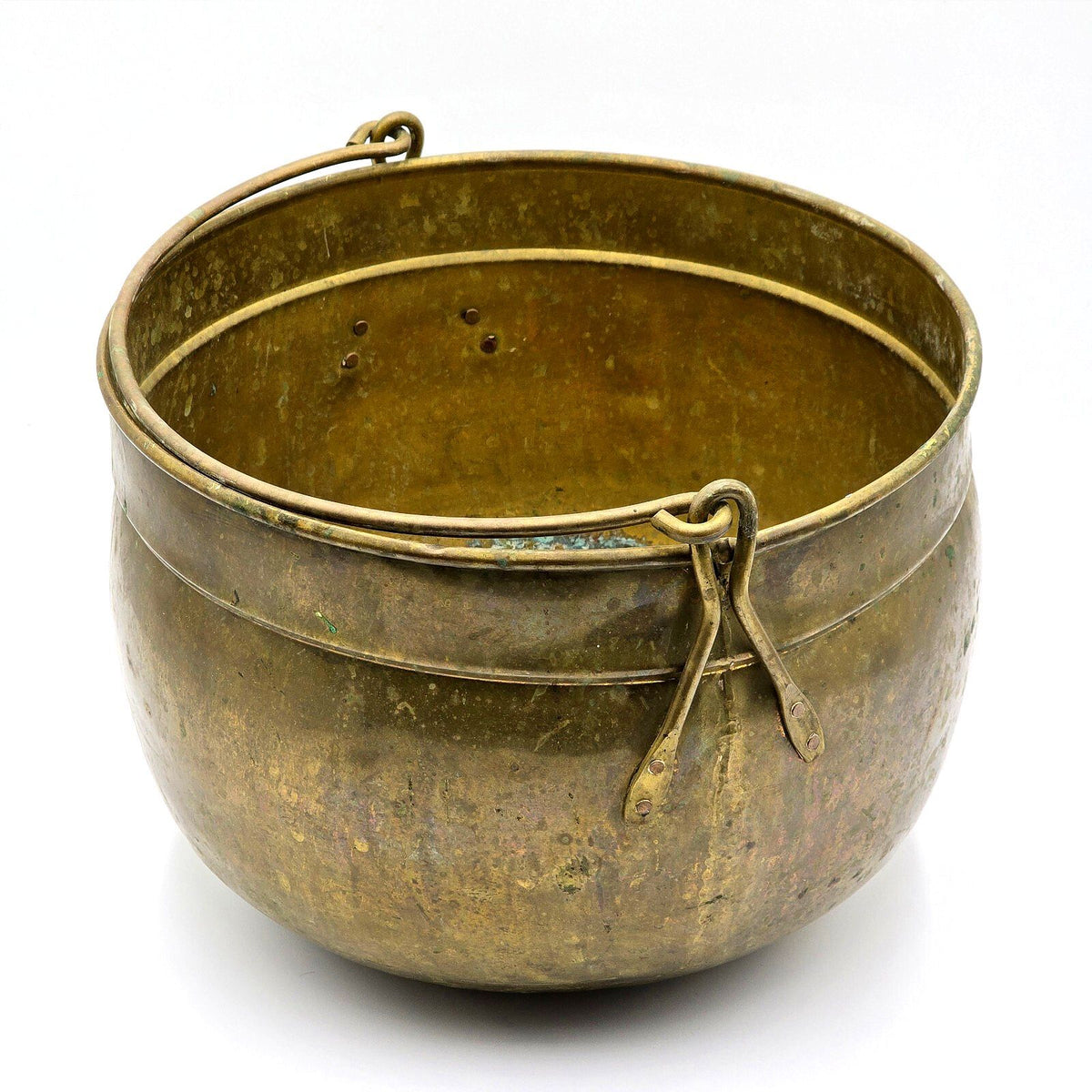Antique Brass Cauldron Pot Large Bail Handle Primitive Hearth Planter
