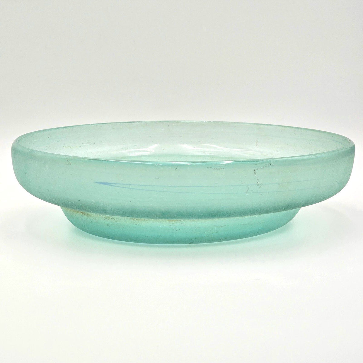 Large Aqua Art Glass Centerpiece Bowl with Wrought Iron Style Stand 12.75in
