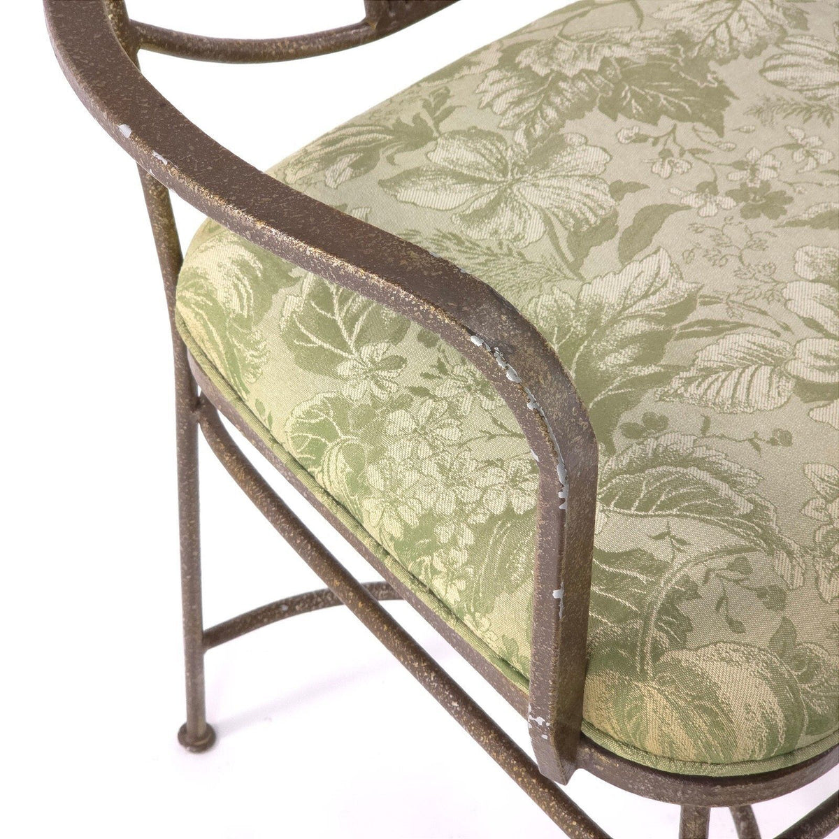 Vintage French Country Wrought Iron Scroll Armchairs Floral Seats Pair