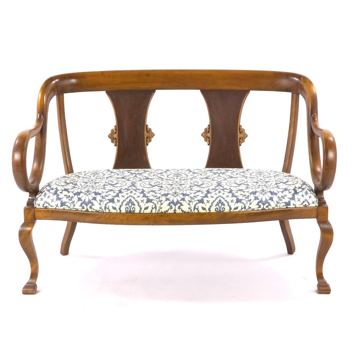 Vintage Neoclassical Revival Lyre Arm Wood Settee Bench 48.5in