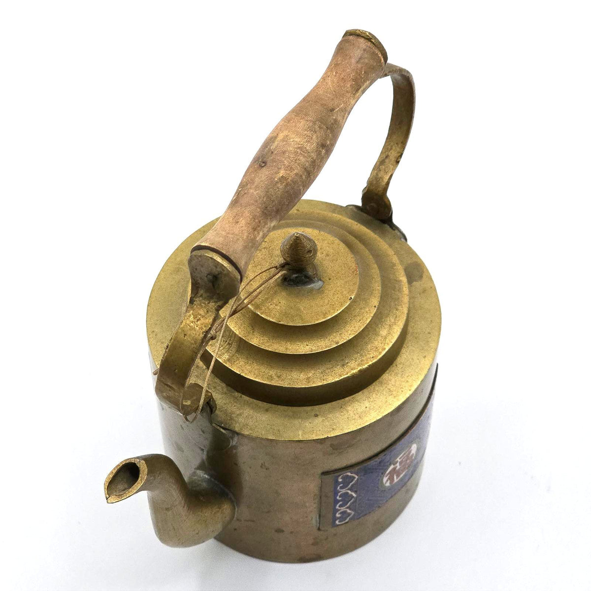 Vintage Chinese Brass Teapot Enamel Fu Good Fortune Wood Handle China