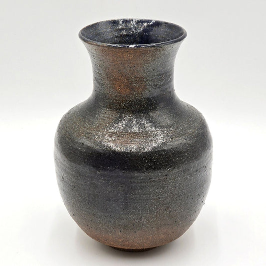 Signed Studio Pottery Stoneware Vase Rustic Black Brown Ceramic 8"