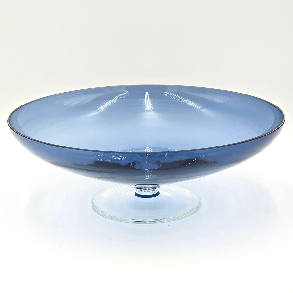Large Blue Footed Art Glass Centerpiece Bowl Scandinavian Modern 13.75"