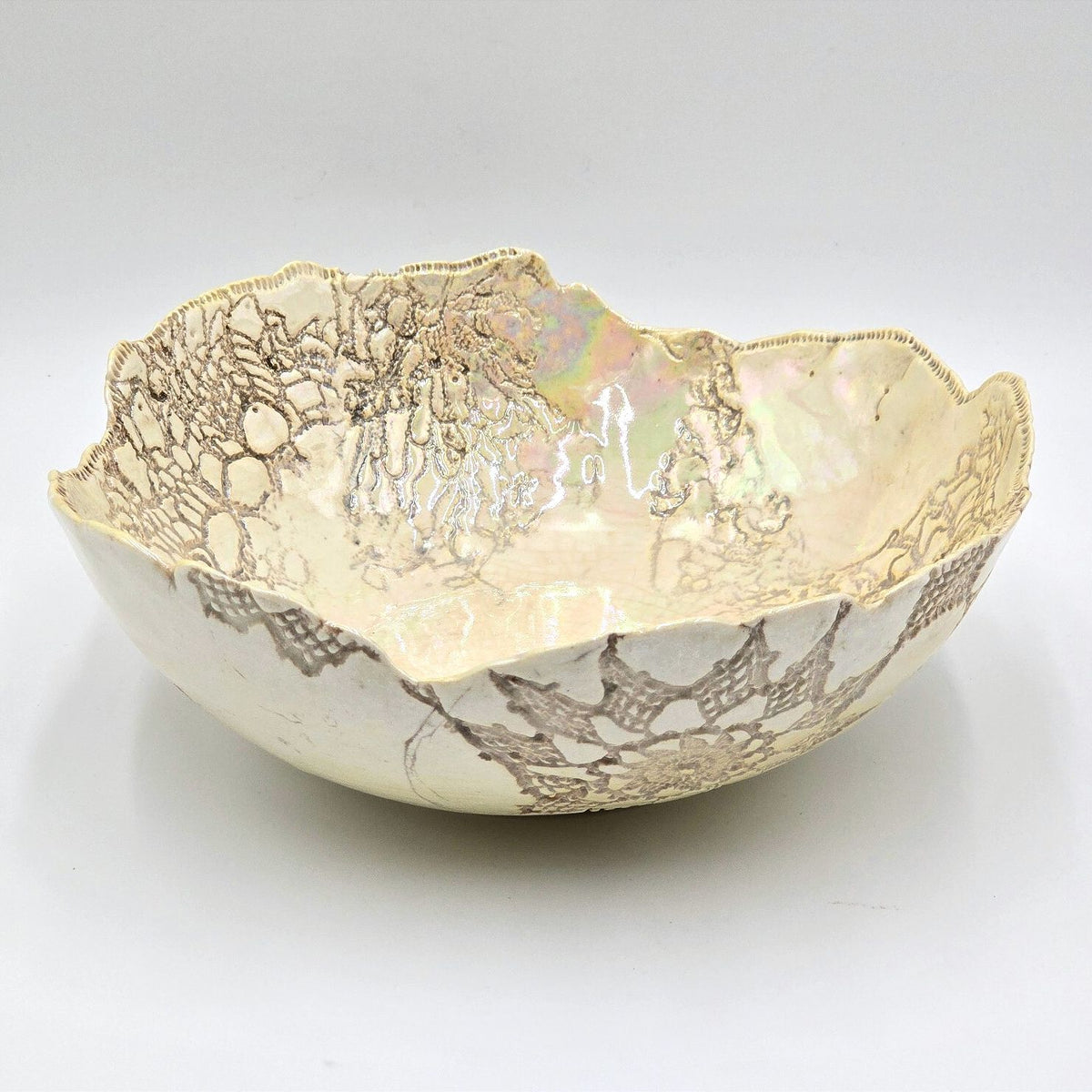 1985 Gedekes Iridescent Lace Impressed Studio Pottery Bowl