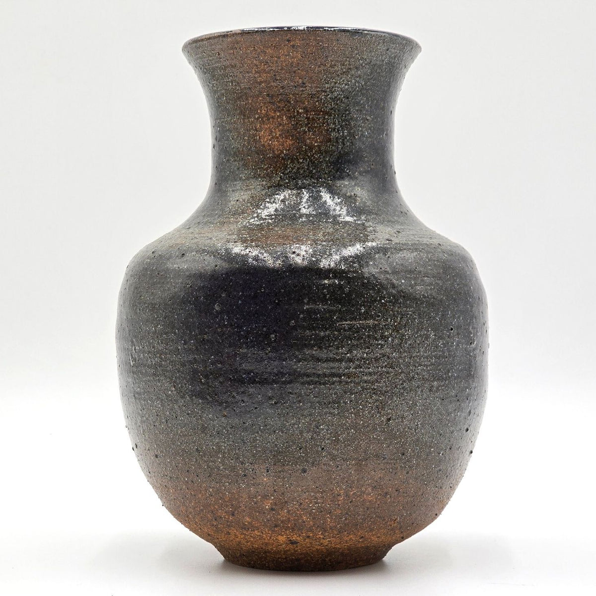 Signed Studio Pottery Stoneware Vase Rustic Black Brown Ceramic 8"