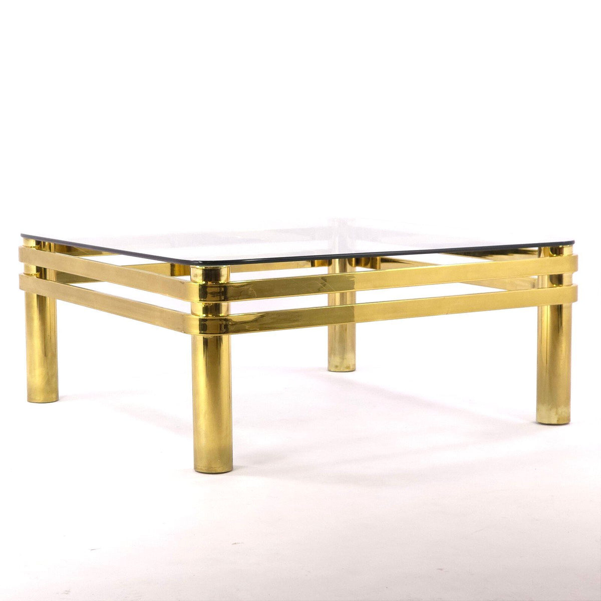 Vintage Hollywood Regency Brass Glass Coffee Table Square Double Rail 38 Inch