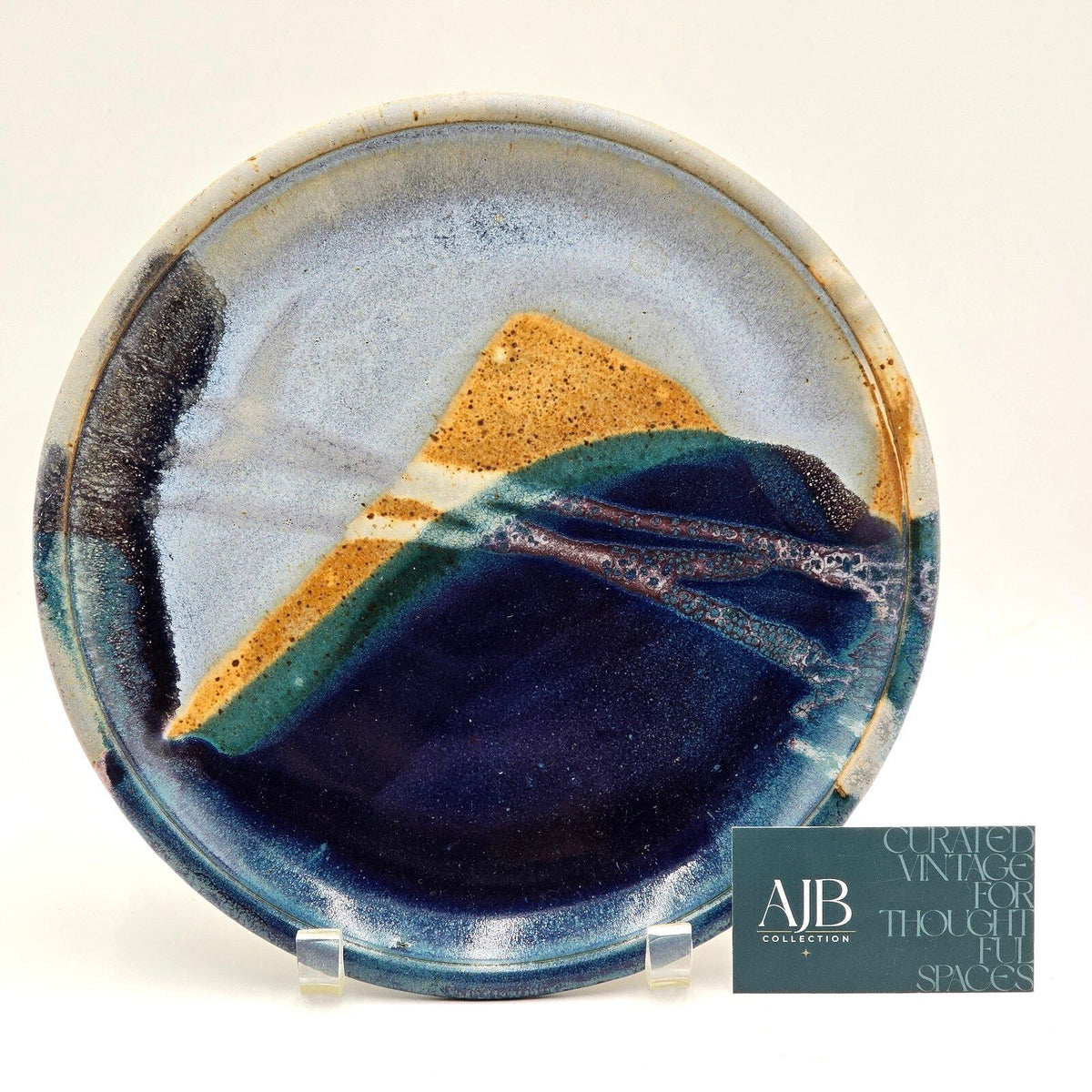 Vintage Signed Abstract Blue Studio Pottery Platter 10.5"