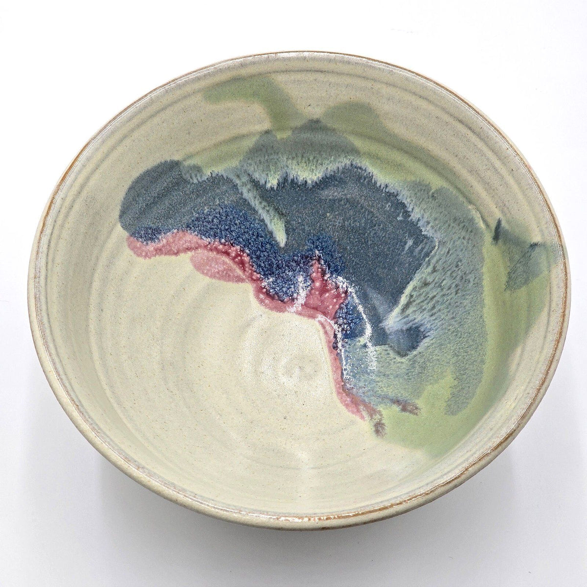 Signed Studio Pottery Bowl Blue Green Pink Drip Glaze Hand Thrown 9.25 Inch