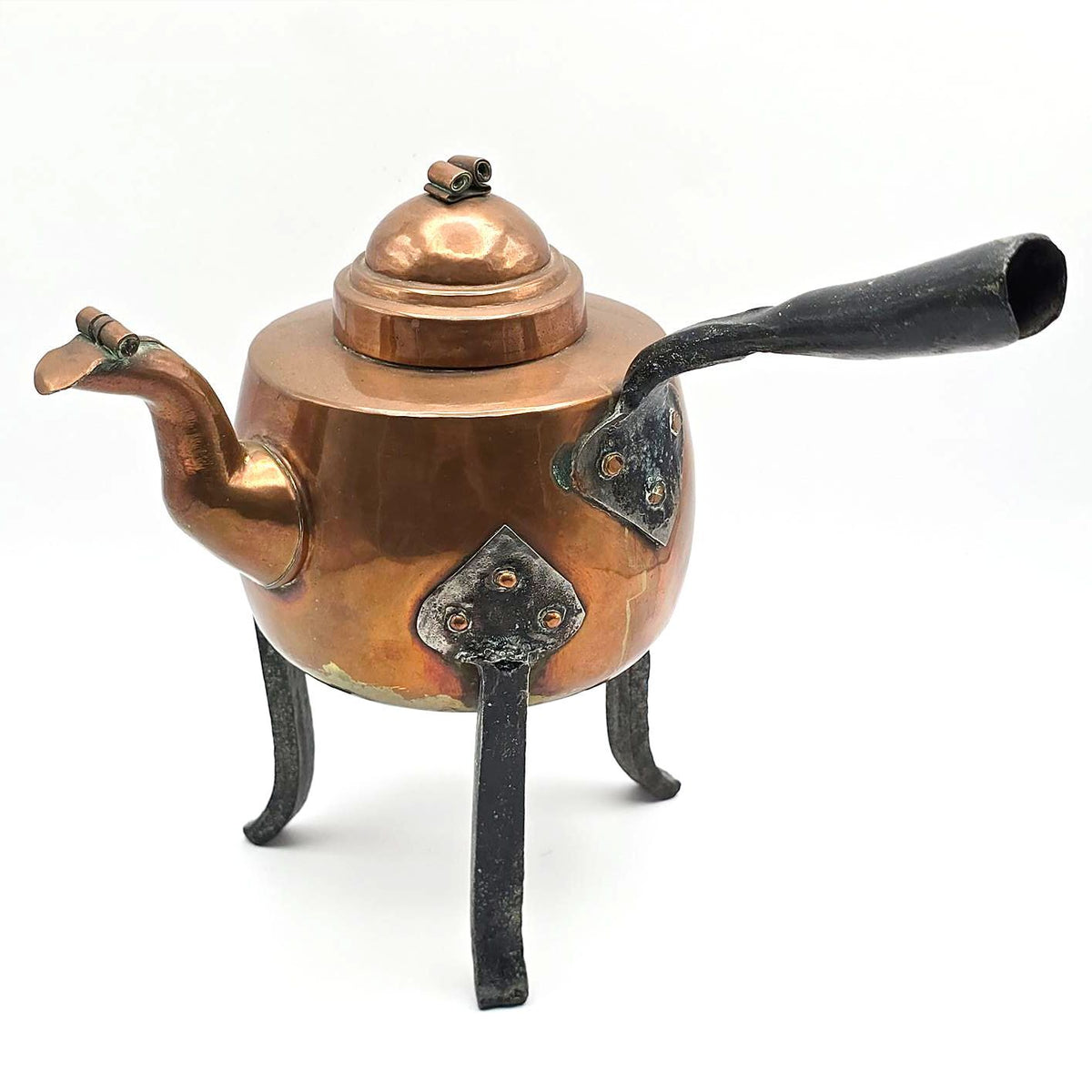 Antique Style Swedish Copper Tripod Coffee Pot Kettle Wrought Iron Legs