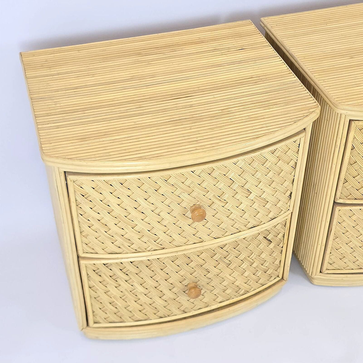 Pair of Woven Rattan Cane Nightstands 2 Drawer Coastal Boho Bedside Tables