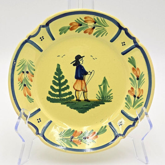 Antique HB Quimper France Soleil Yellow Breton Man Faience Plate 1922-1942