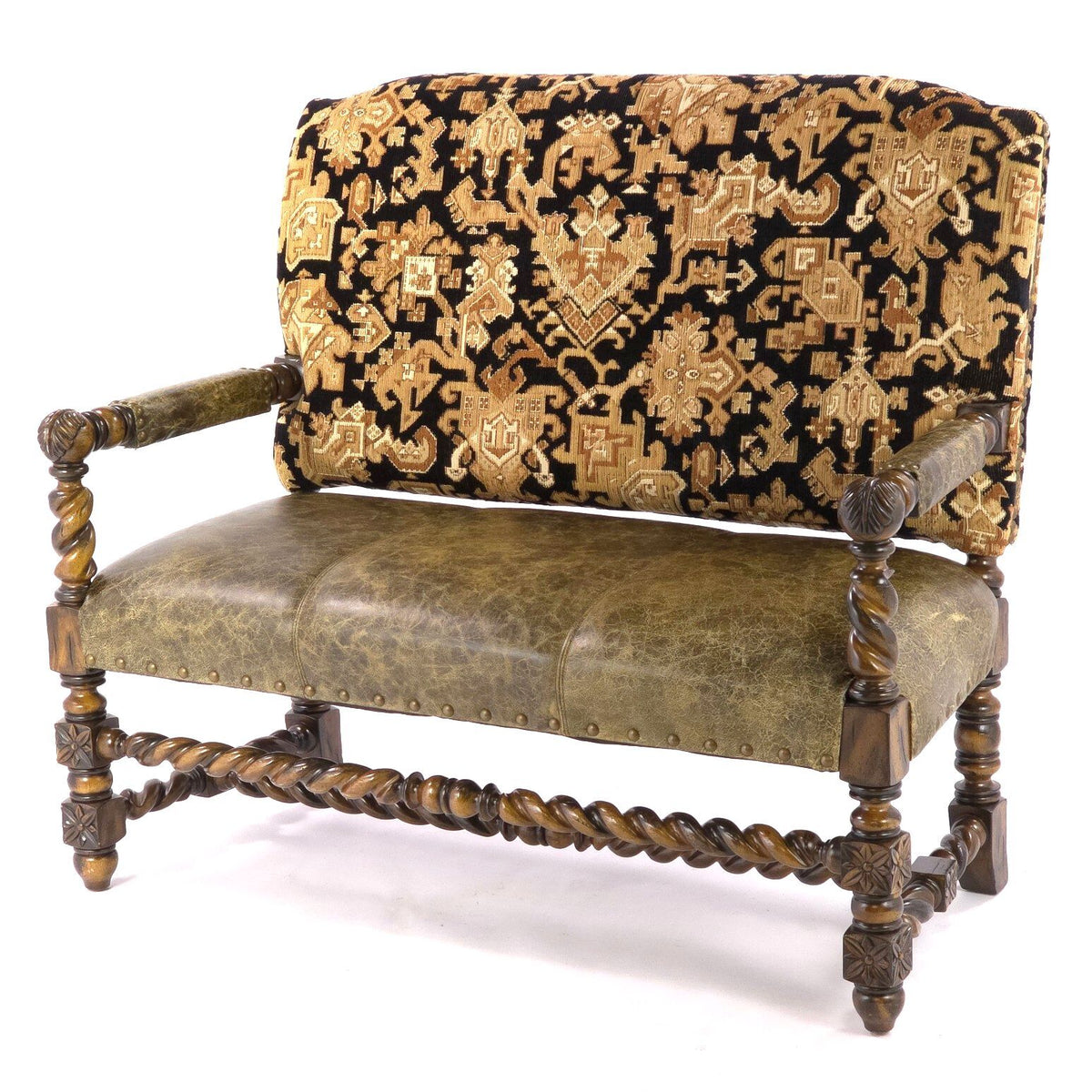 Louis XIII Revival Barley Twist Tapestry Upholstered Wood Loveseat Settee