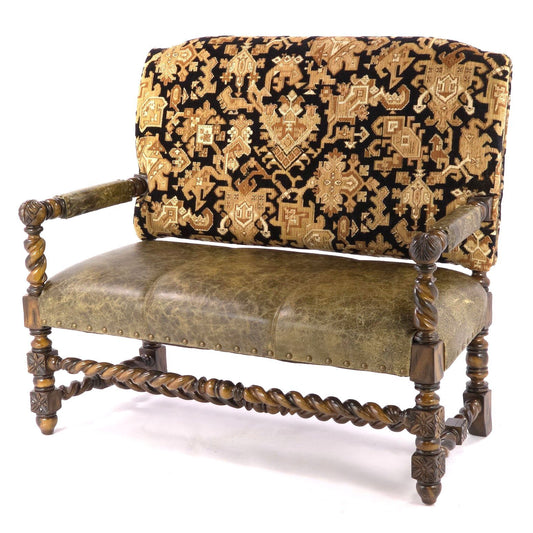 Louis XIII Revival Barley Twist Tapestry Upholstered Wood Loveseat Settee